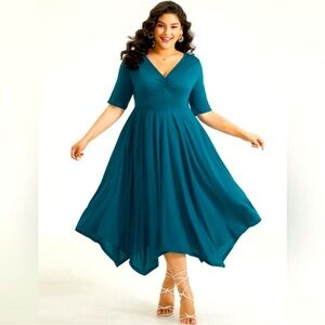 Bloomchic Solid Ruched Pocket Asymmetrical Hem Dress Plus Size 22-24